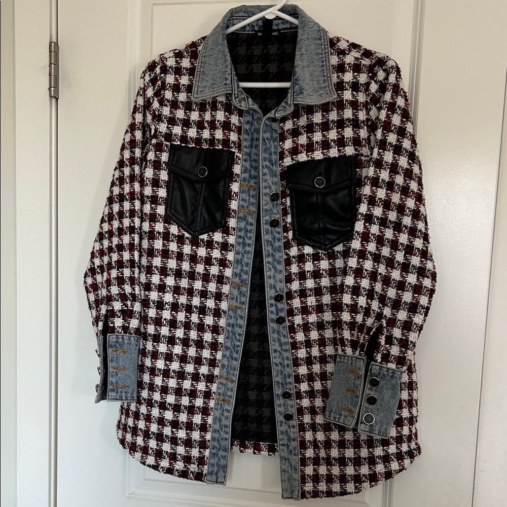 Tribal Black and Red Plaid Shacket with Denim Accents